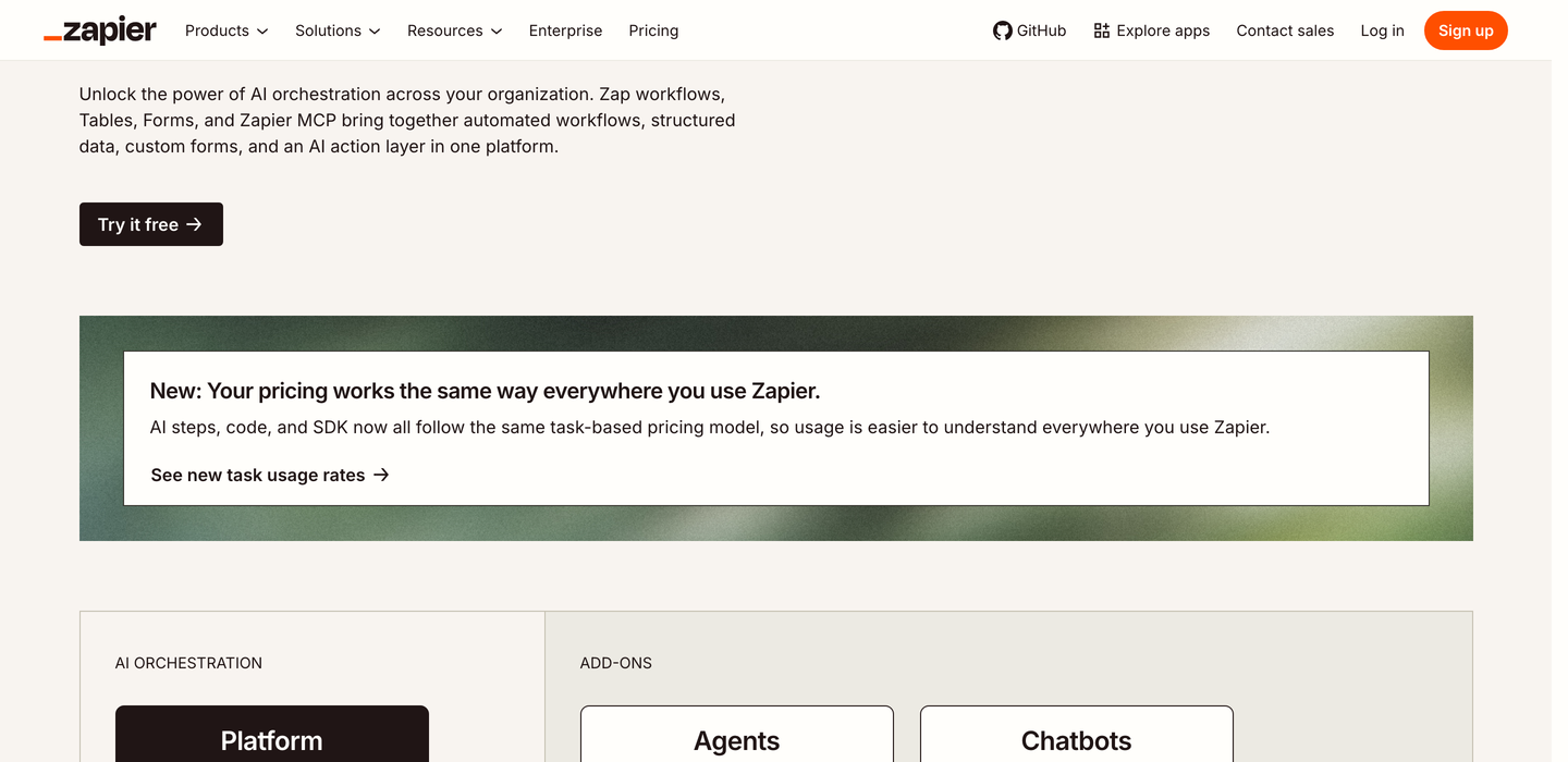 Zapier's own pricing page, showing the Free, Professional, Team and Enterprise plans with their monthly prices and monthly task allowances.