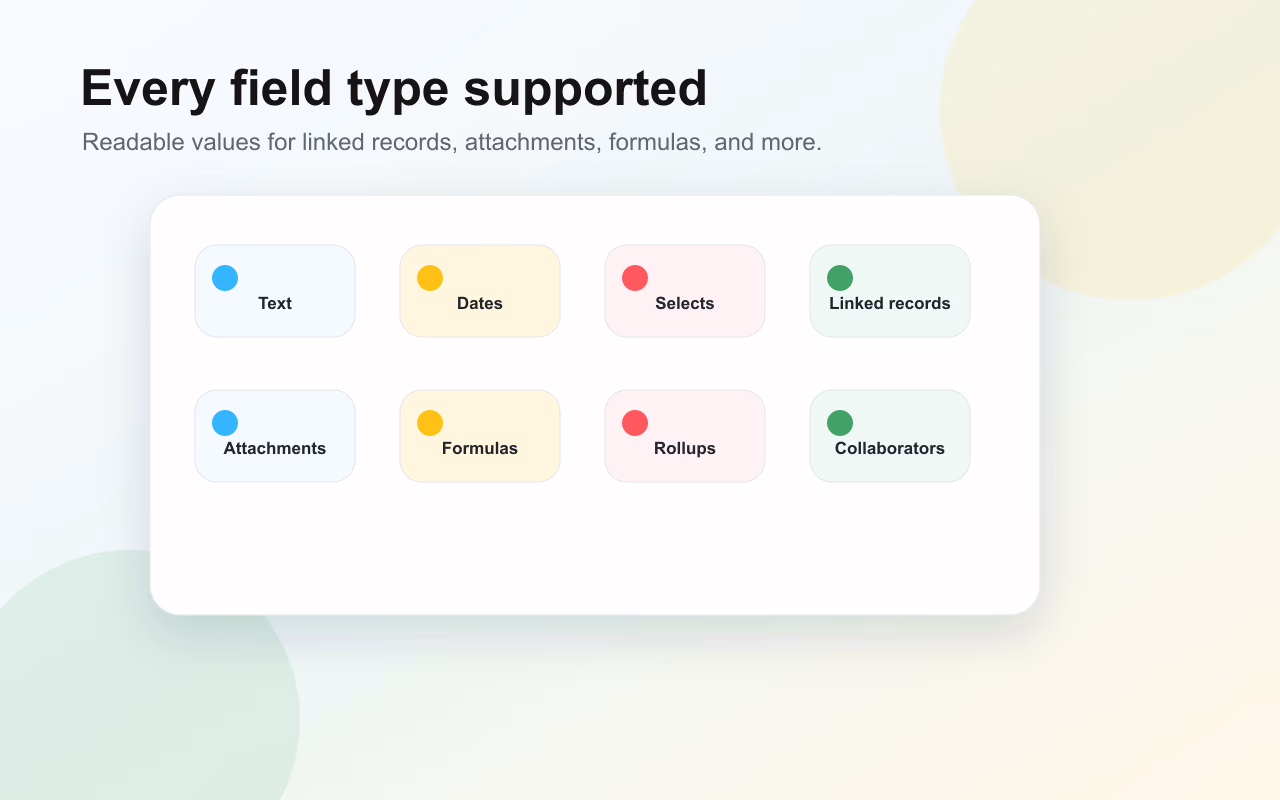 Field type mapping between an Airtable table and a Google Sheets tab