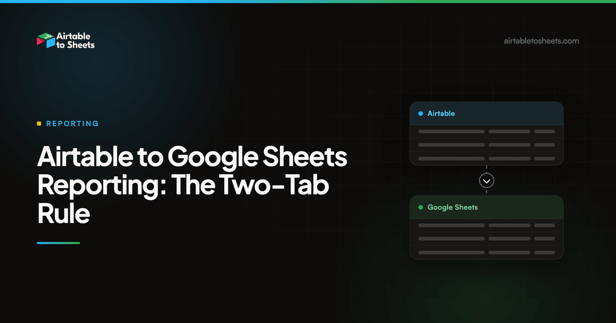 Title card for the post, showing an Airtable table panel connected by a downward arrow to a Google Sheets panel on a dark background