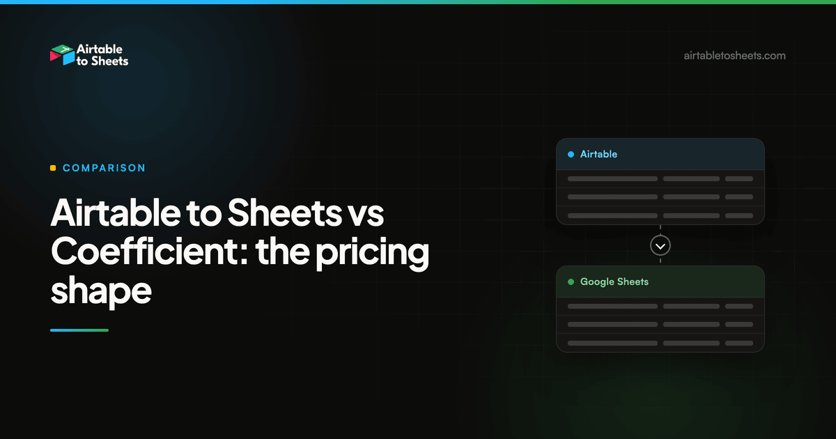 Title card for the post, showing an Airtable table panel connected by a downward arrow to a Google Sheets panel on a dark background
