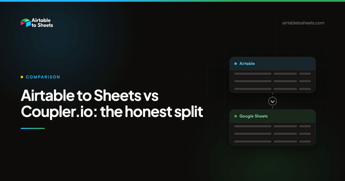 Title card for the post, showing an Airtable table panel connected by a downward arrow to a Google Sheets panel on a dark background