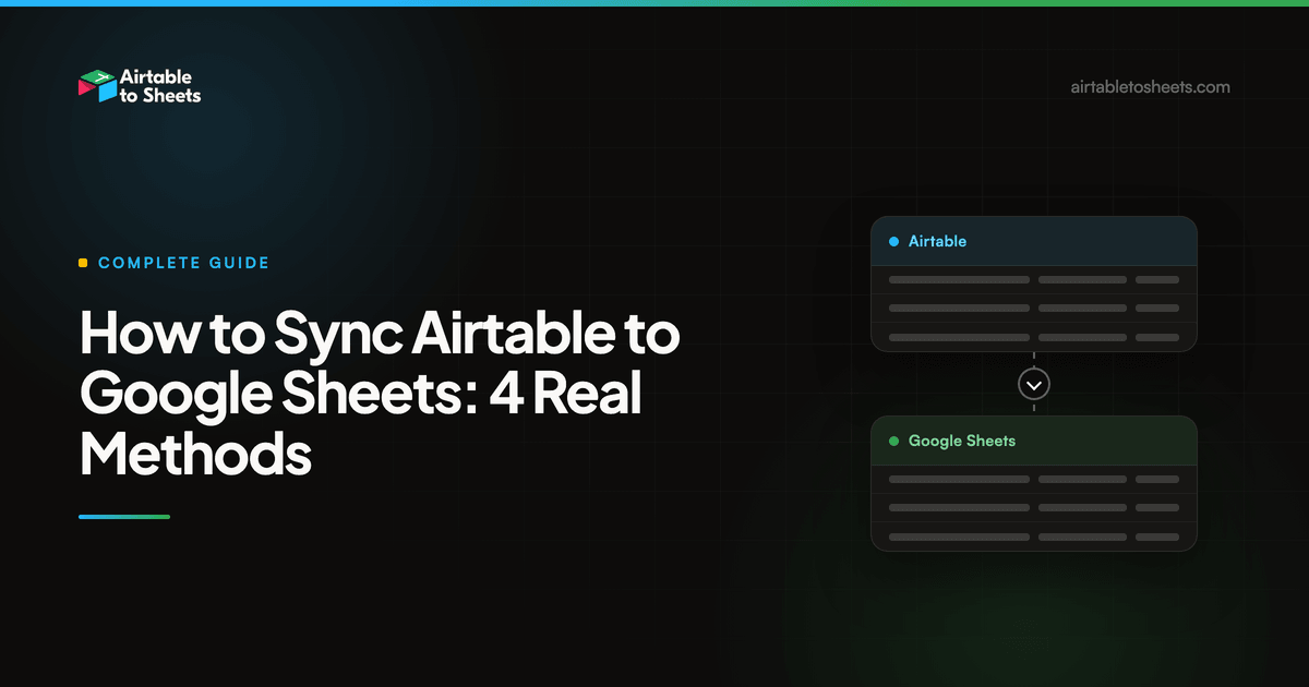 Title card for the guide, showing an Airtable table panel connected by a downward arrow to a Google Sheets panel on a dark background