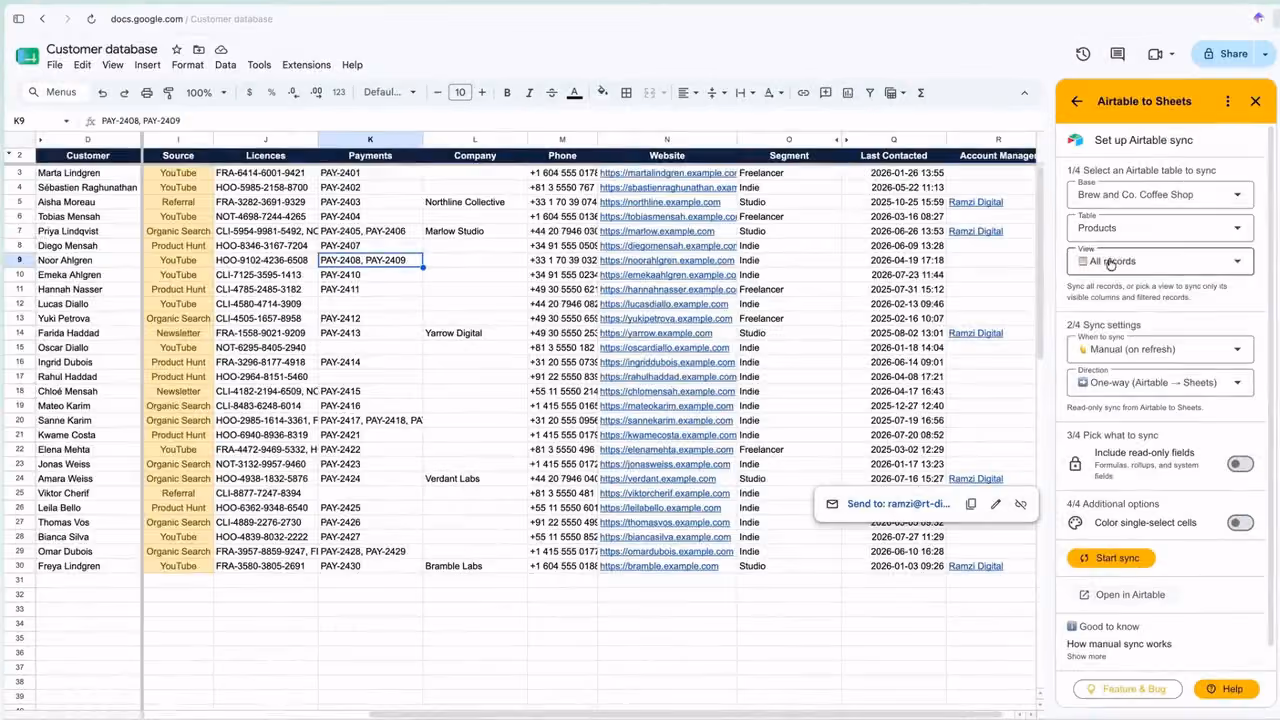 The add-on sidebar syncing an Airtable table into a Google Sheets tab
